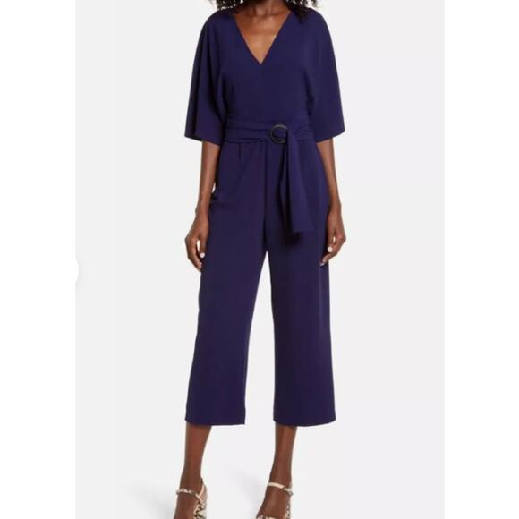 BB Dakota V Neck Dolman Sleeve Belted Crop Navy Blue Jumpsuit